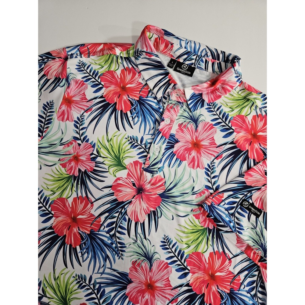 Greenside Golf Men's Short Sleeve Floral Hawaiian Tropical Golf Polo Shirt Large